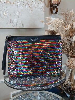 Victoria's Secret Rainbow Sequin Glam Clutch Travel Makeup Women's Pouch Bag